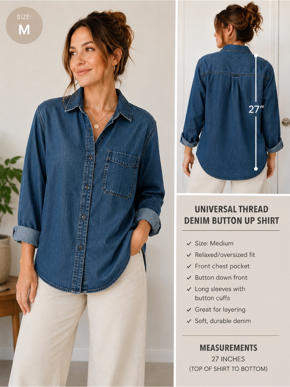Universal Thread Denim Button Up Shirt – Size Medium 💙